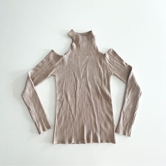 U2B Cold Shoulder Sweater Tan Ribbed Knit Long Sleeved Women's L - Picture 4 of 10
